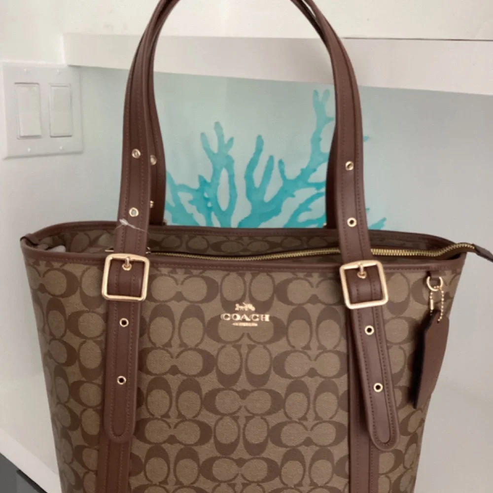 NWT COACH Signature Leather TOTE Shoulder Khaki Brown Saddle Bag $500